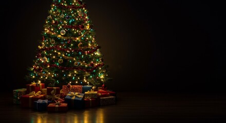 Christmas Tree With Presents Lights and Decorations On Dark Background Photo