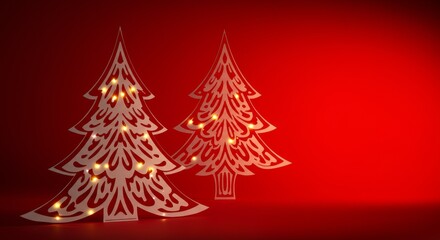 Christmas Tree Silhouettes On Red Background Illustration with Holiday Lights