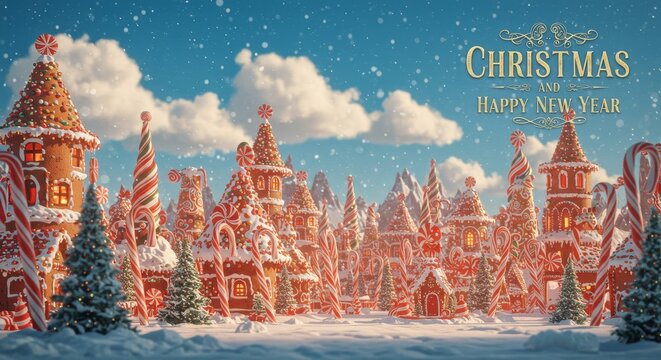 Christmas Village Illustration Winter Scene Snow Red and White Buildings Background