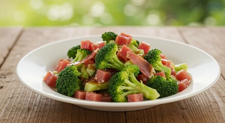 Close Up Of Broccoli And Food Dish On Wooden Table With Green Backdrop Photo