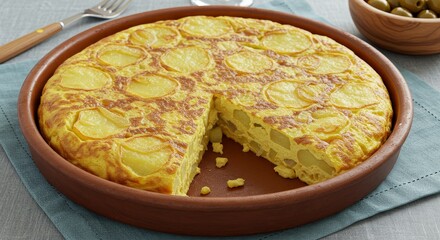 Close Up Of A Delicious Spanish Potato Tortilla In A Brown Ceramic Dish