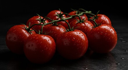 Close Up Of Red Tomatoes On Vine With Water Drops And Black Background Photo