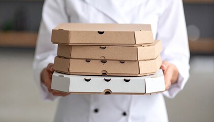 Chef holding pizza delivery boxes.