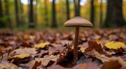 Close-Up Photo of a Brown Mushroom Surrounded by Autumn Leaves in Forest