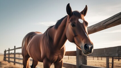 A sturdy ranch horse stands calmly beside a wooden fence, its sleek coat shining under the open sky, embodying the spirit of rural life without showing any human presence.
