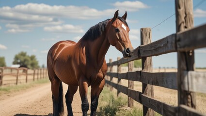 A sturdy ranch horse stands calmly beside a wooden fence, its sleek coat shining under the open sky, embodying the spirit of rural life without showing any human presence.
