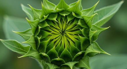 Close Up Photo Of A Green Sunflower Bud Showing Leaf Texture and Detail
