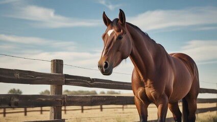 A sturdy ranch horse stands calmly beside a wooden fence, its sleek coat shining under the open sky, embodying the spirit of rural life without showing any human presence.
