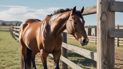 A sturdy ranch horse stands calmly beside a wooden fence, its sleek coat shining under the open sky, embodying the spirit of rural life without showing any human presence.
