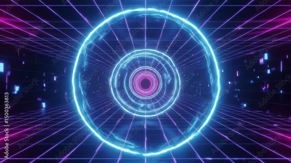 Poster futuristic tunnel with neon rings and grid, abstract retro style background animation
