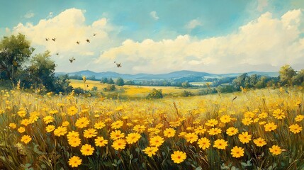 Fototapeta premium Tansy Tanacetum vulgare clusters of button shaped yellow flowers blooming a meadow accompanied by buzzing bees and textured foliage late summer rural landscape