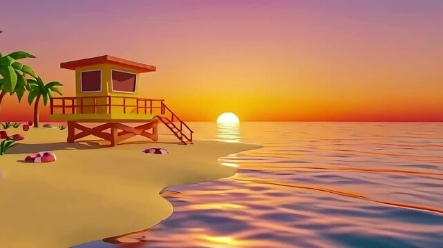 Sunset Scene with Lifeguard Tower on Tropical Beach Animation