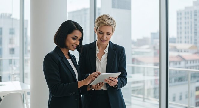 Two Businesswomen Collaborating on a Tablet, Modern Office Setting