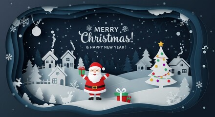 Christmas Paper Cut Illustration Featuring Santa Claus in Festive Winter Landscape