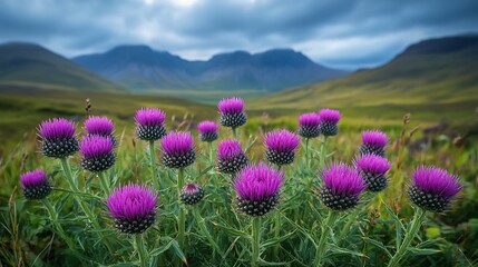 Obraz premium Thistle Cirsium vulgare striking purple flowers in a rugged highland field surrounded by sharp green leaves and distant rocky cliffs under a cloudy sky