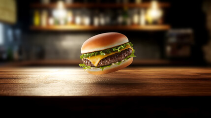 Tasty hamburger with fresh toppings including minced beef, melted cheese, and crisp lettuce levitating over brown wood surface. Perfect food image for restaurant branding or digital content.