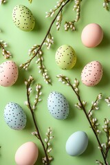 Fototapeta premium Pastel Easter eggs and sprigs on mint green