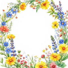 Obraz premium Colorful floral wreath frame. A vibrant, hand-painted style border of various wildflowers