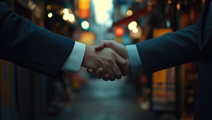 Close-up of two businessmen shaking hands in a city alleyway at dusk