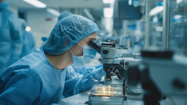 Medical researcher wearing protective gear uses a microscope to analyze samples in a sterile laboratory environment, contributing to scientific advancements