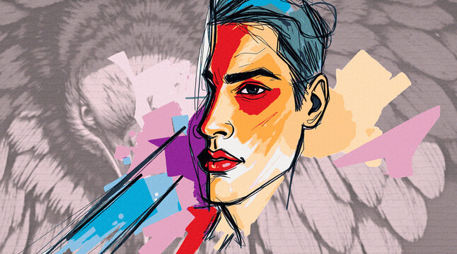 Abstract portrait of a young man on a vintage bird of prey themed background.