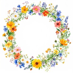 Vibrant floral wreath.  A circular arrangement of various wildflowers