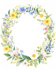 Delicate floral wreath featuring a variety of colorful flowers and greenery arranged in a circular design, creating a charming and elegant border