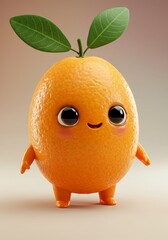 Cute 3D Rendered Orange Character Smiling with Green Leaves on Tan Background