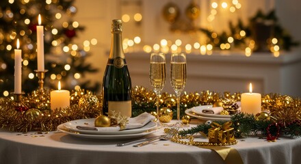 Festive Christmas Table Setting With Champagne Candles And Gold Decorations Photo