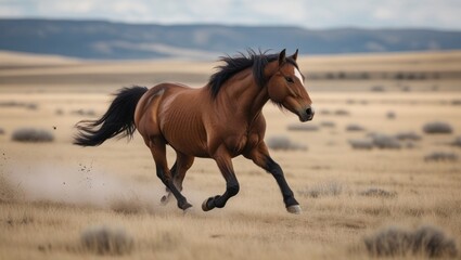 A wild mustang horse runs freely across the open plains, its mane flowing in the wind and muscles rippling with untamed energy, captured without any visible human presence.
