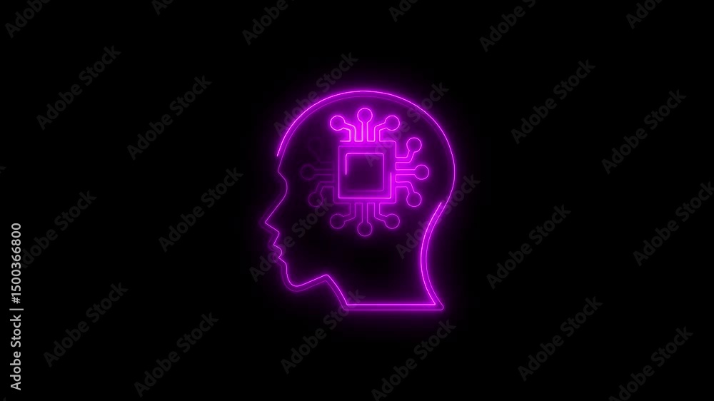 Poster glowing neon outline of a brain featuring a circuit board artificial intelligence concept