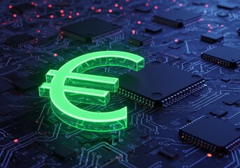 Glowing Euro Symbol on Circuit Board Digital Technology Illustration