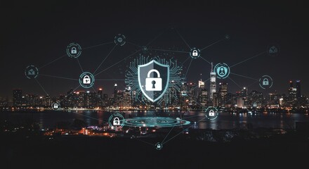 Digital Cybersecurity Overlay with Shield Lock and City Night View