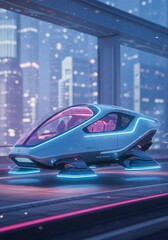 Digital Illustration of a Futuristic Vehicle Illuminated in a Night City Setting