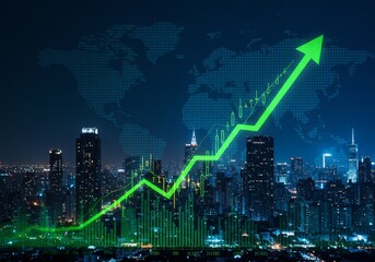 Digital Illustration of Glowing Green Upward Arrow Over City at Night