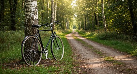 Black Bicycle Leaned Against Tree in Forest Path