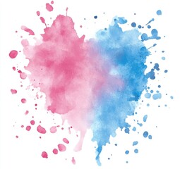 Abstract heart-shaped watercolor splatters in pink and blue
