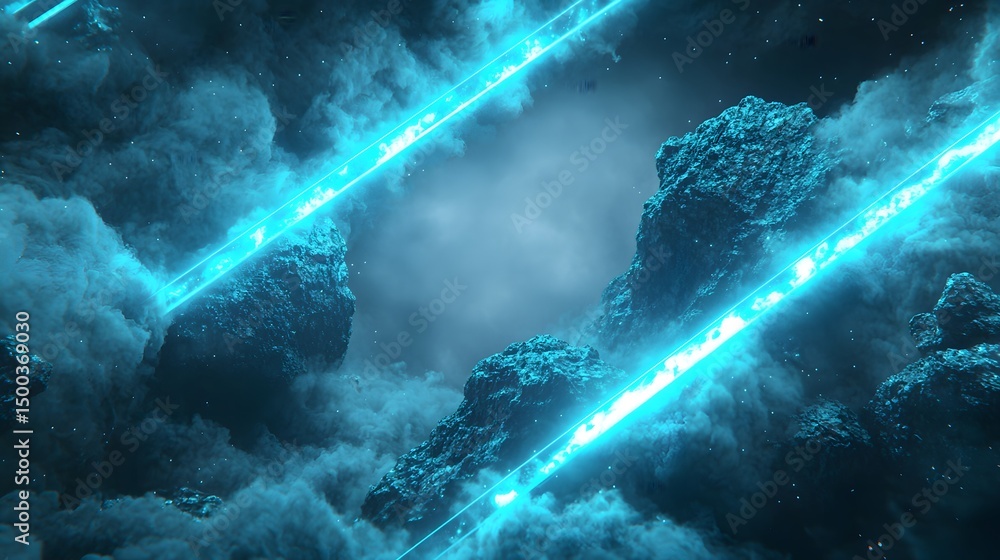 Poster abstract scene of glowing rocks in a nebula.