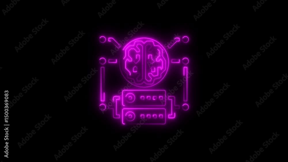 Poster glowing neon brain and server digital circuit board artificial intelligence concept