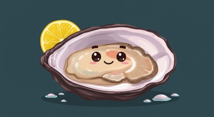 Illustration of Cute Oyster with Lemon in a Shell Smiling with Pixel Art