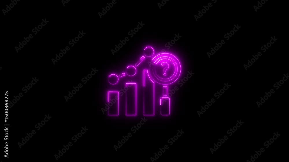 Poster neon icon analyzing statistics with a question mark against a black background