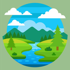 Summer nature, rural landscape with green grass, river water, sky horizon with clouds vector landscape background.