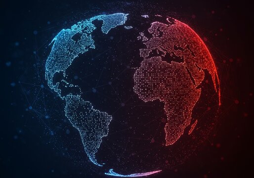 Digital World Abstract Illustration With Blue And Red Dots On Dark Background