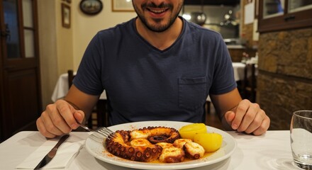 Man Enjoying Octopus Meal On A White Plate In A Restaurant Photo