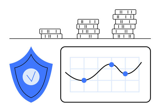 Stacked coin sets, blue shield with checkmark, and line graph highlight security, growth, and analytics. Ideal for finance, investment, business data, security technology planning simple landing