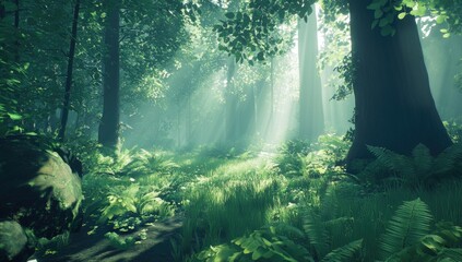 Obraz premium Sunlit path through a misty forest