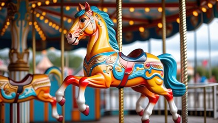 A beautifully carved carousel horse with vibrant colors and ornate details spins gracefully on a vintage carousel, set against a softly blurred amusement park background.
