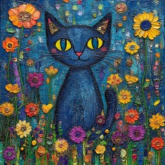 Blue Cat Amidst Vibrant Flower