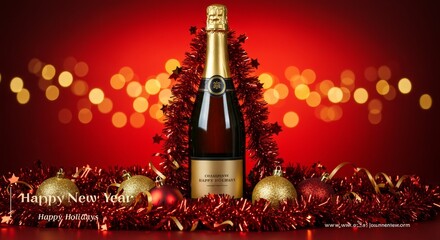 Festive Champagne Bottle Surrounded By Red Decorations with Golden Bokeh Photo