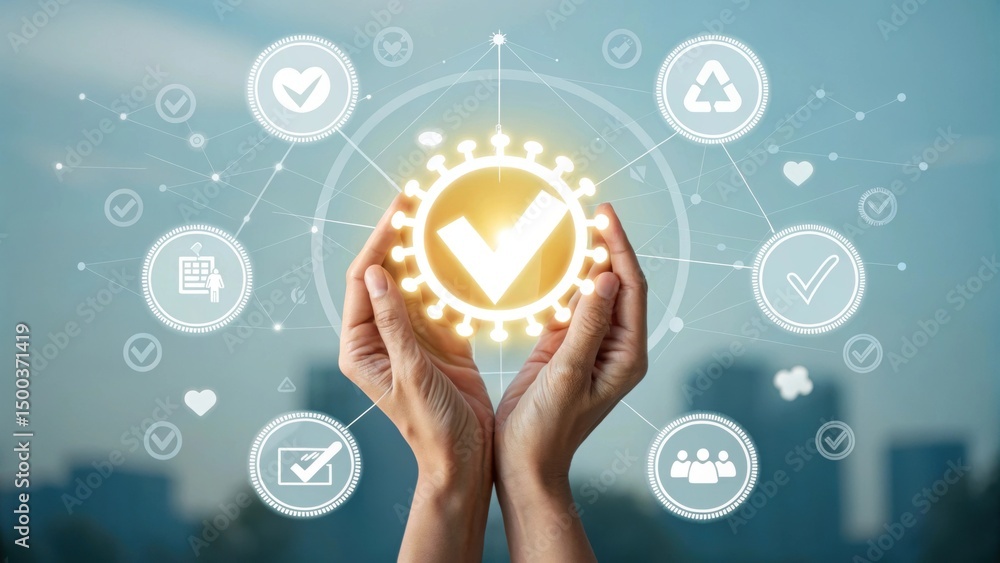 Poster hands holding a glowing checkmark symbol surrounded by digital icons representing quality, technolog